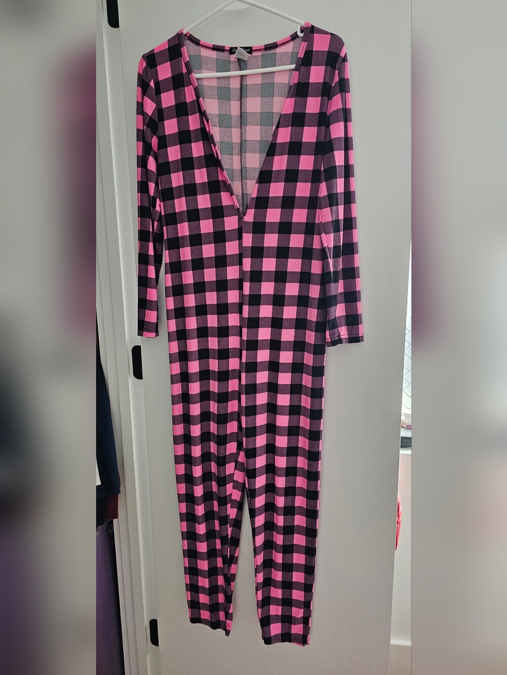 Not Tired Pink and Black Buffalo Plaid Pajama Onesie